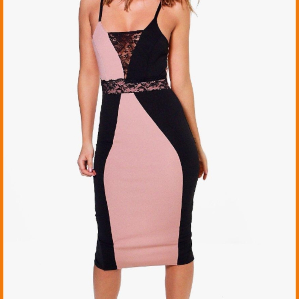 Boohoo US4 Rose Laura Contrast Panel Lace Insert Midi Dress